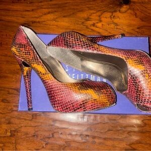 Stuart Weitzman Red and Orange Snakeskin Heels
